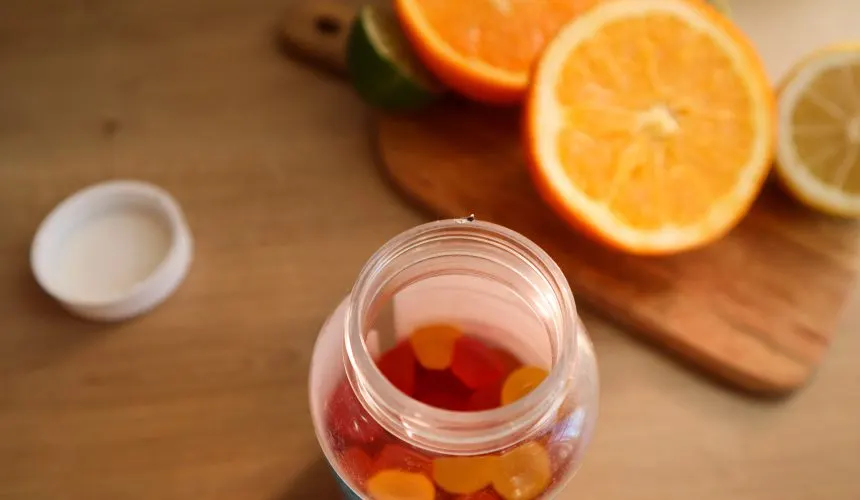 maria-kozyr-KQBX7YTcGuc-unsplash | Tel Aviv Doctor A jar of vitamin gummies beside fresh oranges — dietary supplements